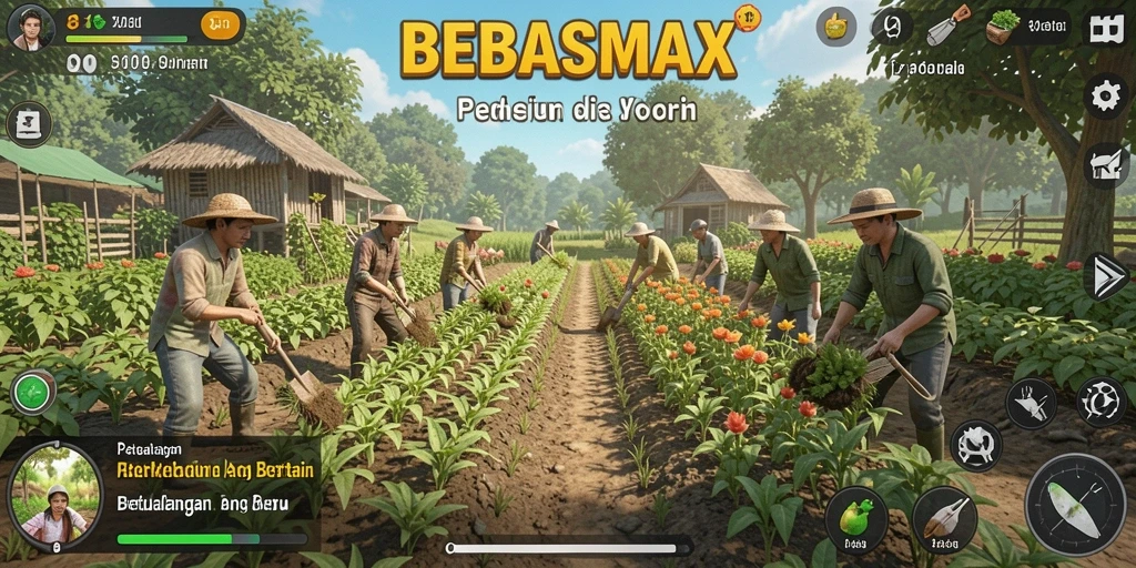 Screenshot utama BEBASMAX menampilkan kegiatan bertani yang seru dan interaktif.