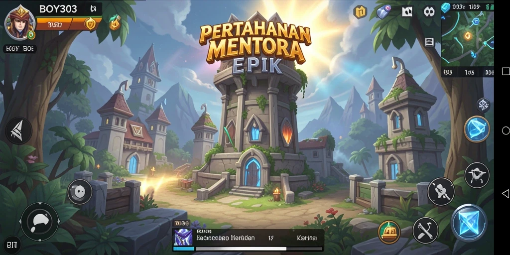 Screenshot gameplay BOY303 yang menampilkan menara dan musuh dalam aksi.