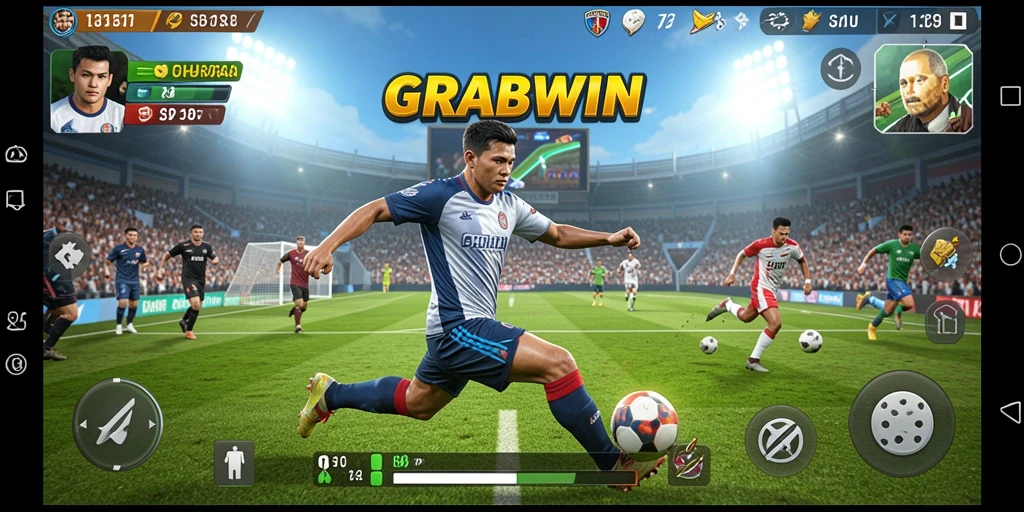 Screenshot utama GRABWIN menunjukkan aksi seru pertandingan olahraga.
